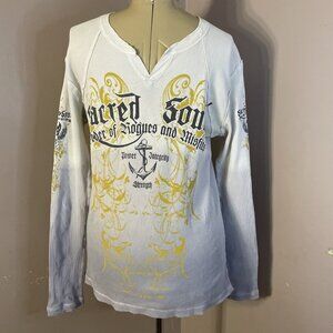 Sacred Soul Shirt Mens Medium White Thermal Long Sleeve Skull Graphic Gothic Y2K